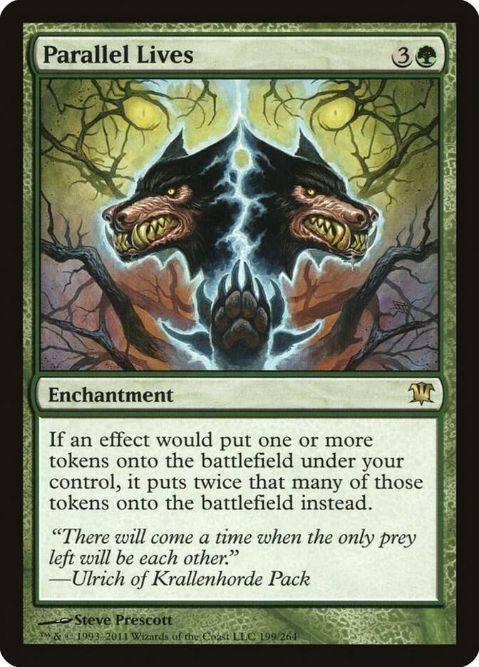 Parallel Lives Innistrad ISD Magic The Gathering green enchantment card featuring eerie twin imagery