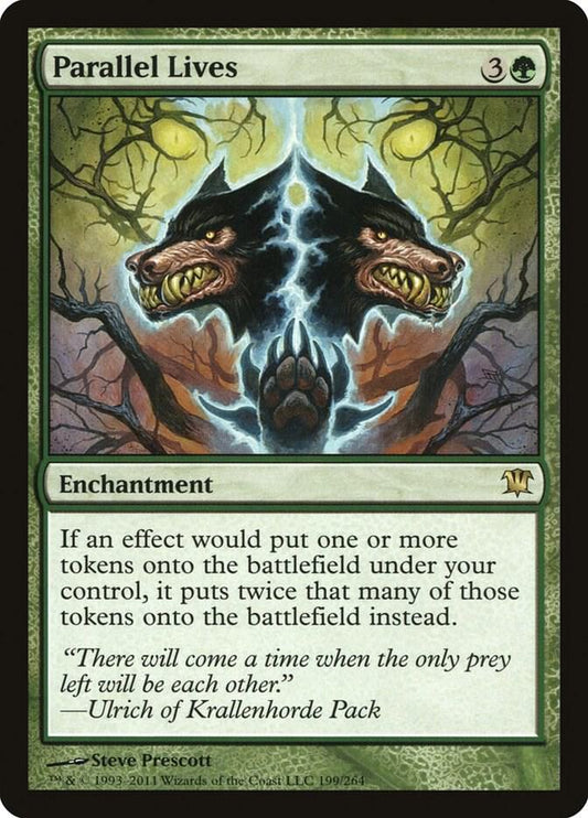 Parallel Lives Innistrad ISD Magic The Gathering green enchantment card featuring eerie twin imagery