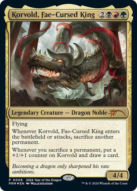 Korvold, Fae-Cursed King Standard Showdown Promo (SSP) FOIL from Year of the Dragon 2024, featuring vibrant artwork and collectible Magic: The Gathering foil card.