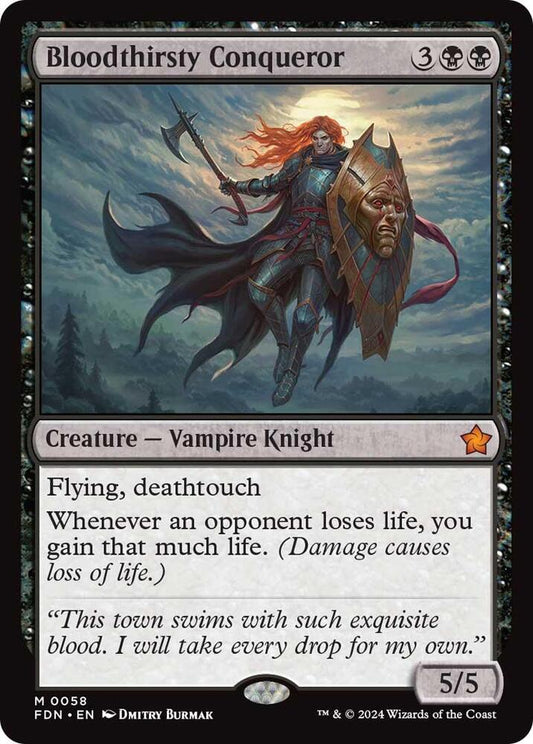 Card featuring a vampire knight with red hair and armor, set against a dark sky.