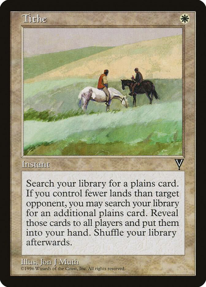 Card featuring two people on horseback in a pastoral scene with text and artwork.