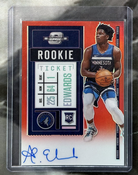 2020 Panini Contenders Optic Anthony Edwards Rookie Ticket Auto Red #137 serial numbered /99 on-card autograph basketball card