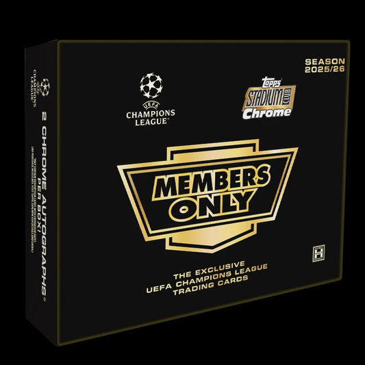 2025/26 Topps Stadium Club Chrome UEFA Champions League Members Only Delight sealed soccer trading card box.