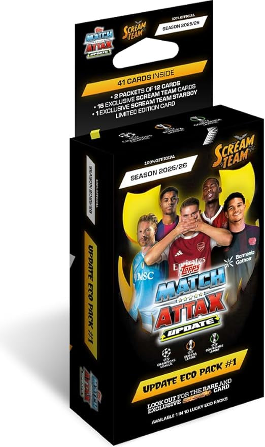 2025–26 Topps Match Attax Update Eco Pack sealed football trading cards featuring updated players and teams.