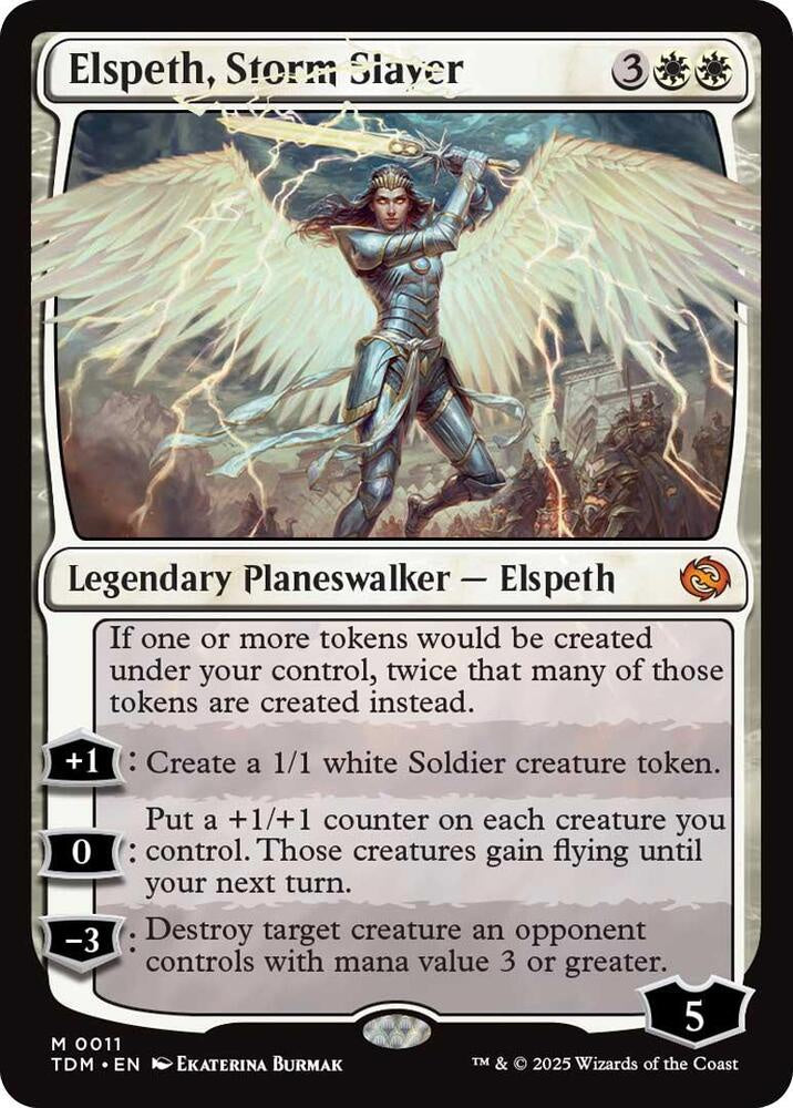 Elspeth, Storm Slayer #11 from Tarkir: Dragonstorm (TDM) Near Mint Mythic Rare Magic: The Gathering legendary planeswalker with powerful token-doubling abilities.