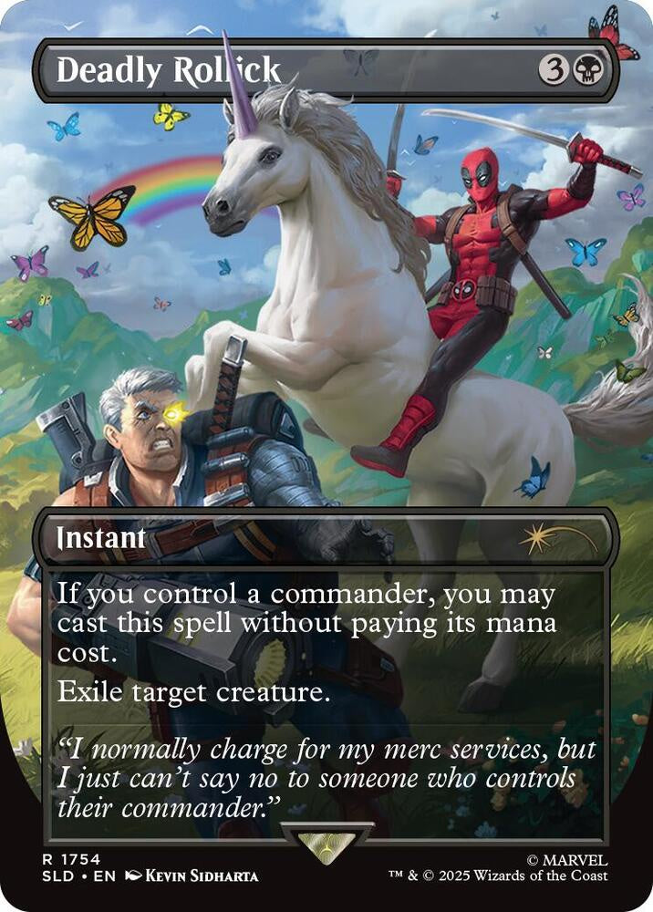 Card featuring a unicorn with a character on its back, set against a colorful background with butterflies and a rainbow.
