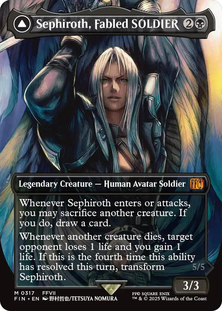“Sephiroth, Fabled SOLDIER 0317 borderless foil card from FINAL FANTASY.”