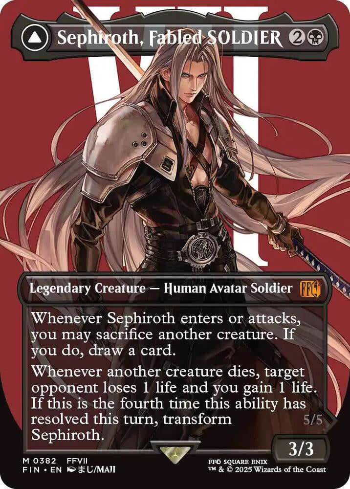 Sephiroth, Fabled SOLDIER borderless card 0382 from FINAL FANTASY FIN, Magic the Gathering collectible full-art legendary creature.
