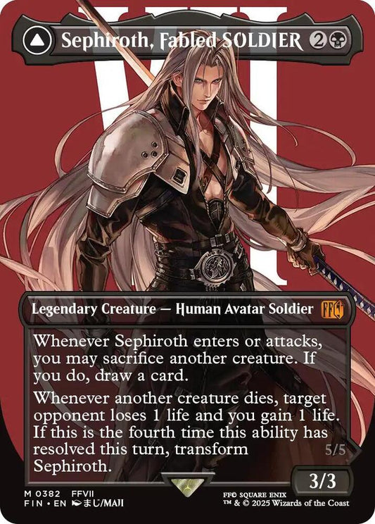 Sephiroth, Fabled SOLDIER borderless card 0382 from FINAL FANTASY FIN, Magic the Gathering collectible full-art legendary creature.