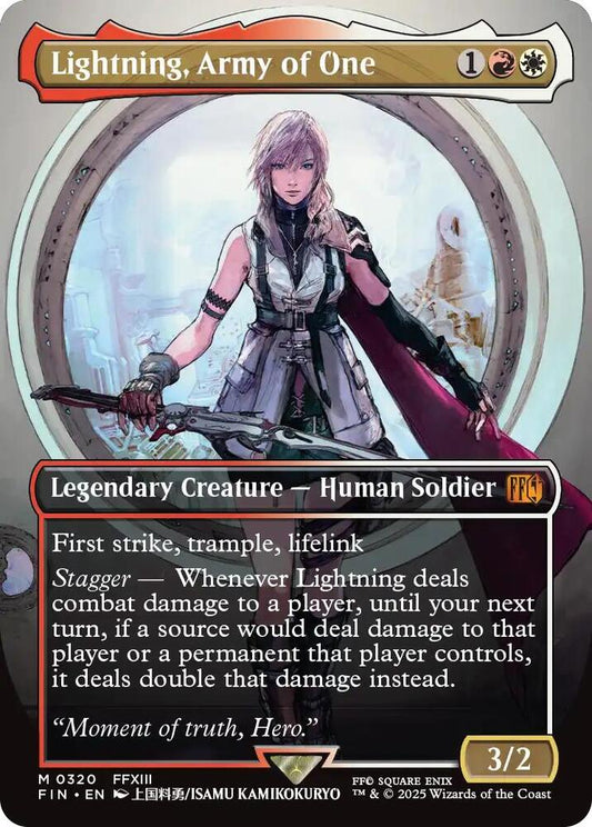 Lightning, Army of One Borderless #320 from Magic: The Gathering FINAL FANTASY (FIN) Near Mint Mythic Rare featuring premium Lightning artwork.