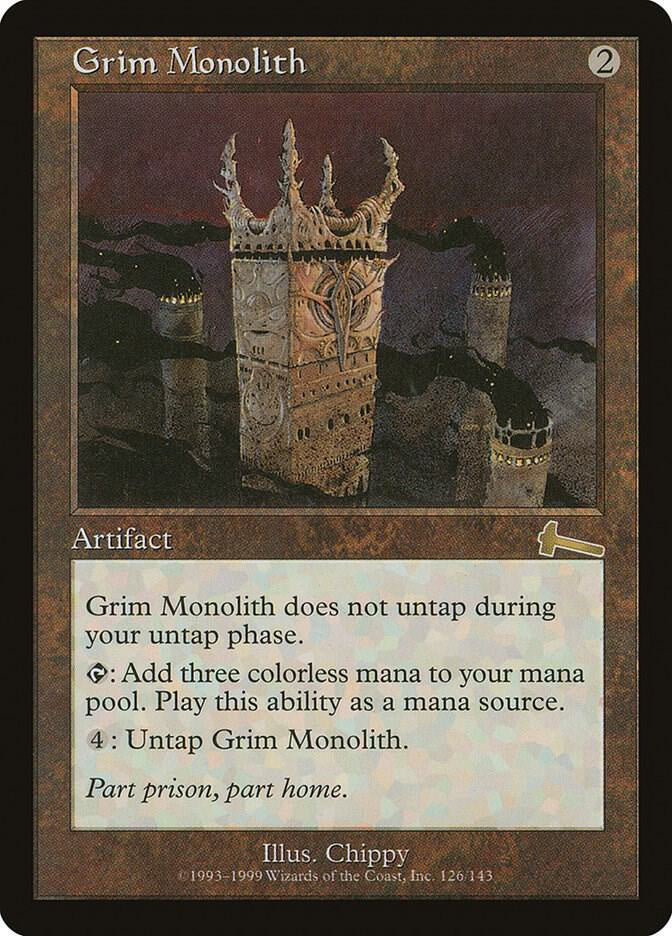 Grim Monolith card from a collectible card game with a dark tower illustration.