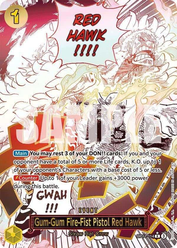 2025 One Piece A Fist of Divine Speed Gum-Gum Fire-Fist Pistol Red Hawk OP11-114 Rare Alternate Art foil card.
