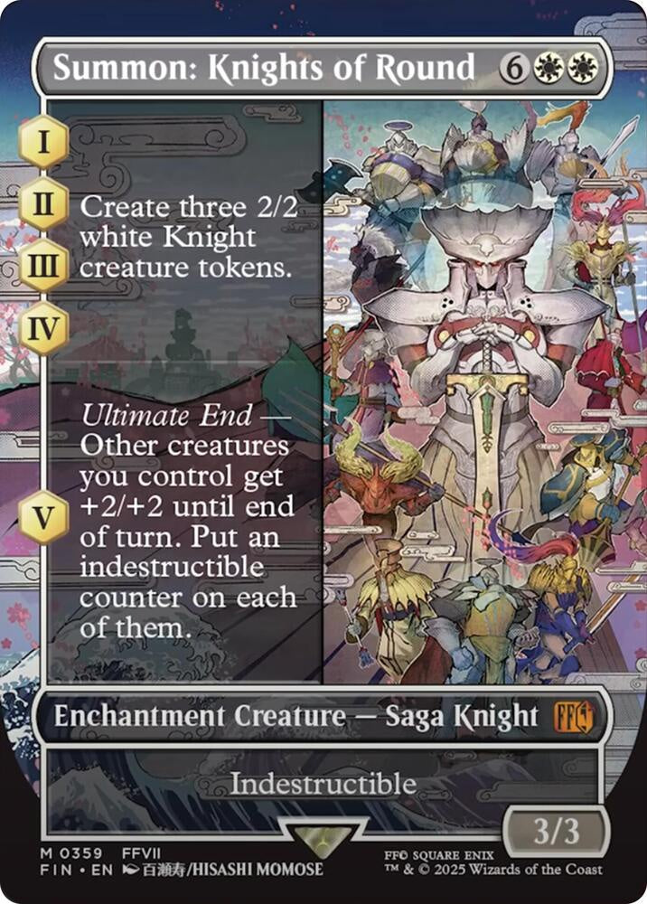 A Magic: The Gathering trading card titled 'Summon: Knights of Round' from the FFVII set, featuring artwork of a white knight surrounded by various characters and text describing game effects.