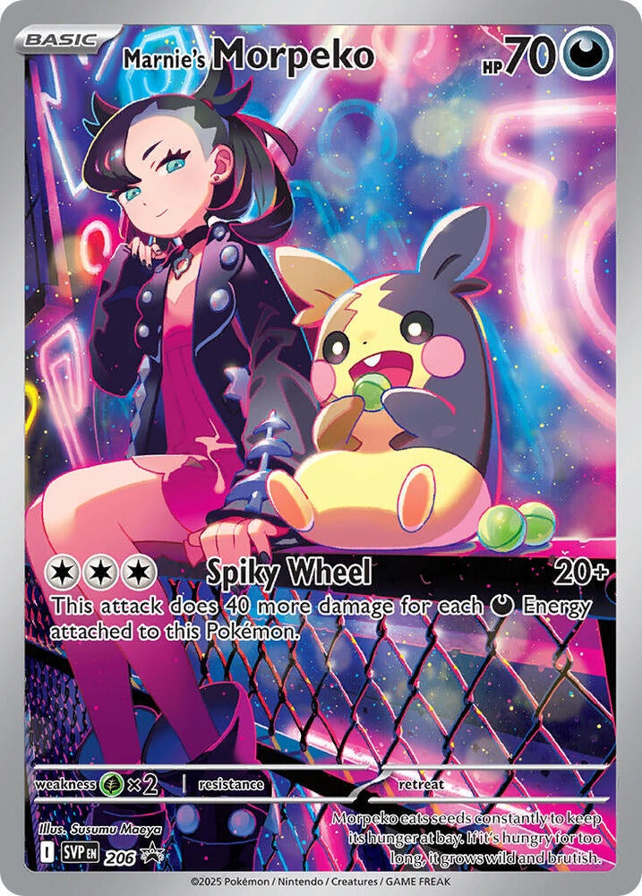 Pokémon Marnie's Morpeko SVP206 Scarlet & Violet Black Star Promo Full Art Holo English trading card in Near Mint condition.