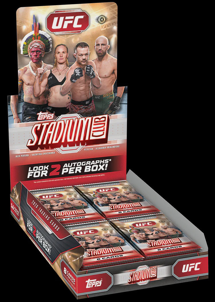 2026 Topps Stadium Club UFC Hobby Box factory sealed with 16 packs and 2 autographs on average.