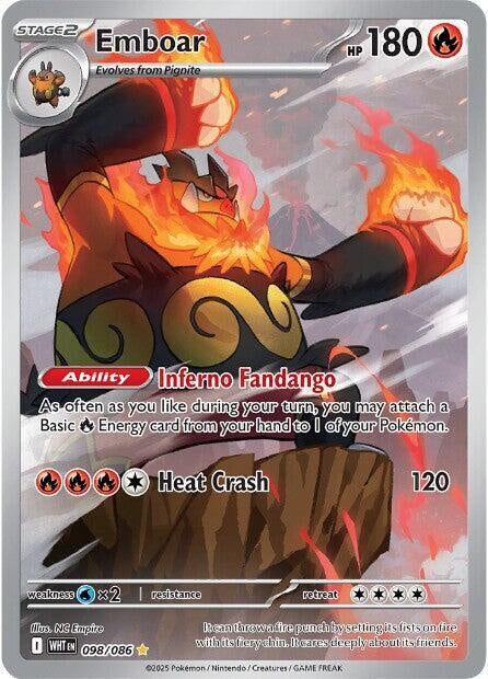 Pokémon Emboar 098/086 Illustration Rare holo card from Scarlet & Violet White Flare in Near Mint condition.