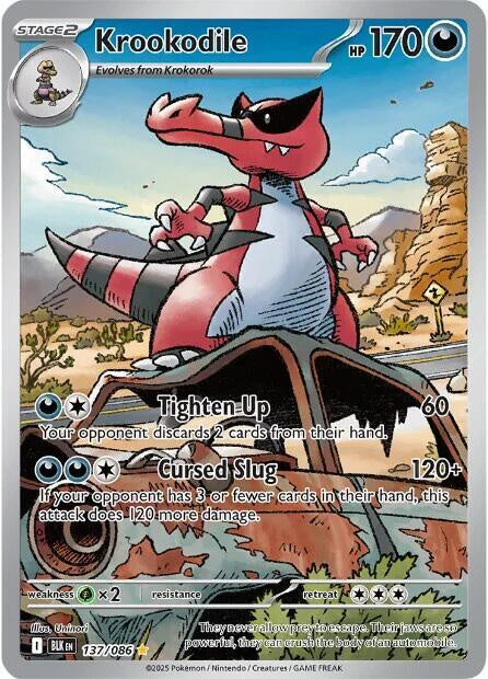 Pokémon Krookodile 137/086 Illustration Rare holo card from Scarlet & Violet Black Bolt in Near Mint condition.