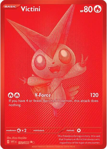 Pokémon Victini 172/086 White Flare Special Illustration Rare Reverse Holo card in Near Mint condition.