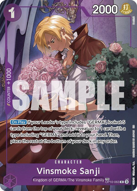 Card featuring Vinsmoke Sanji from One Piece with a purple border and text.