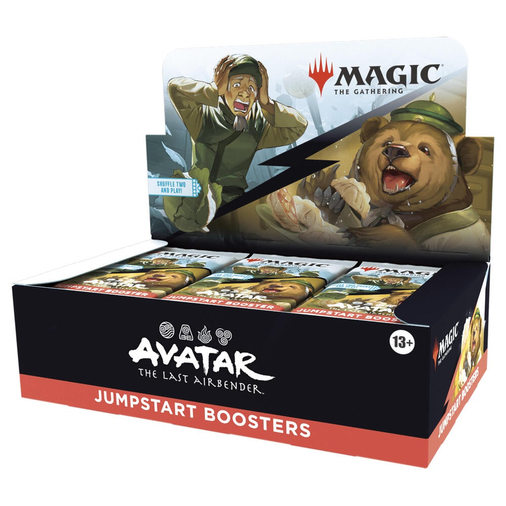 Magic: The Gathering Avatar: The Last Airbender Jumpstart Booster Box sealed display featuring elemental artwork from the Four Nations.