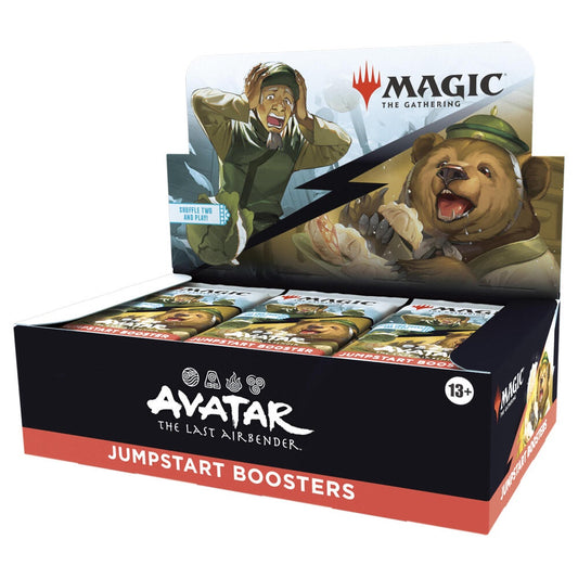 Magic: The Gathering Avatar: The Last Airbender Jumpstart Booster Box sealed display featuring elemental artwork from the Four Nations.