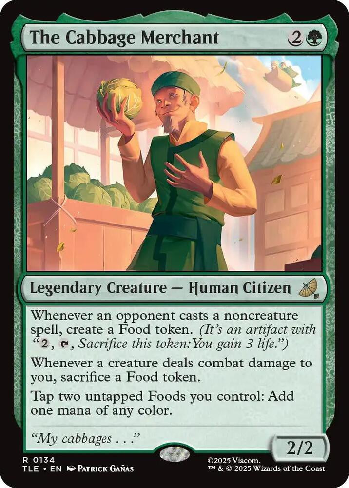 Trading card featuring a character named 'The Cabbage Merchant' with a green border.