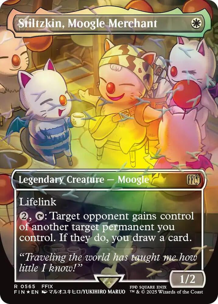 Card featuring Stiltzkin, Moogle Merchant with colorful characters and text.