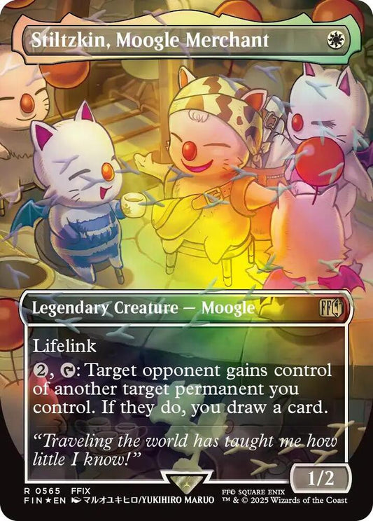 Card featuring Stiltzkin, Moogle Merchant with colorful characters and text.
