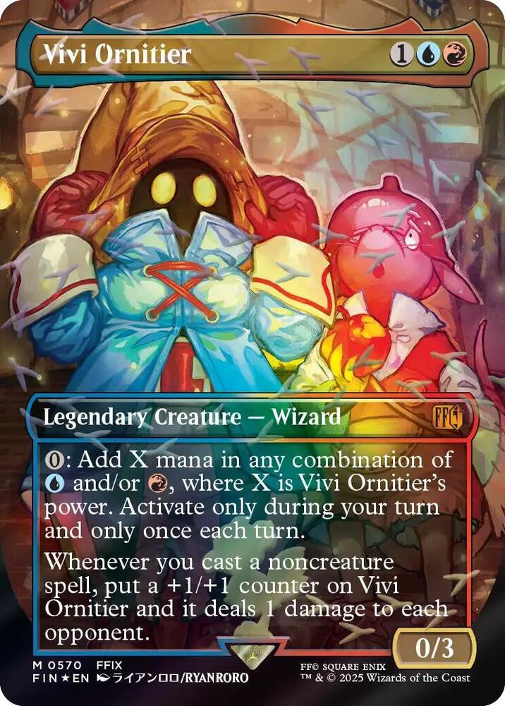 Vivi Ornitier borderless Chocobo Track Foil card from FINAL FANTASY (FIN), featuring collectible artwork and Magic: The Gathering Universes Beyond styling.