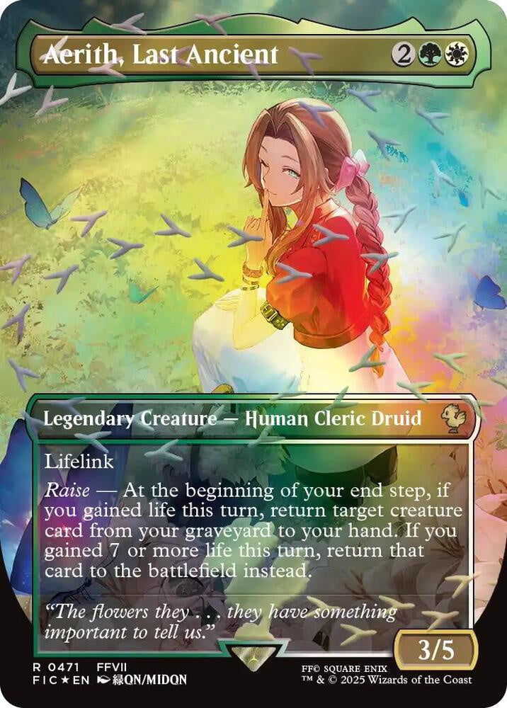 “Aerith, Last Ancient Borderless Chocobo Track Foil card from Commander Final Fantasy.”