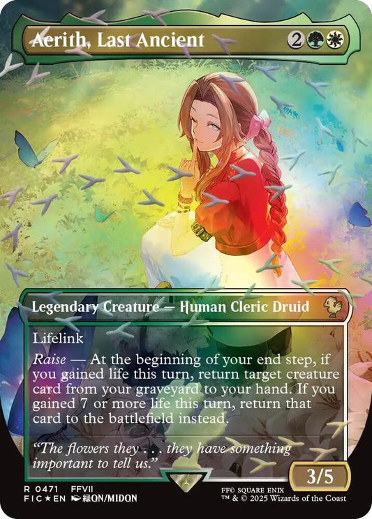 “Aerith, Last Ancient Borderless Chocobo Track Foil card from Commander Final Fantasy.”