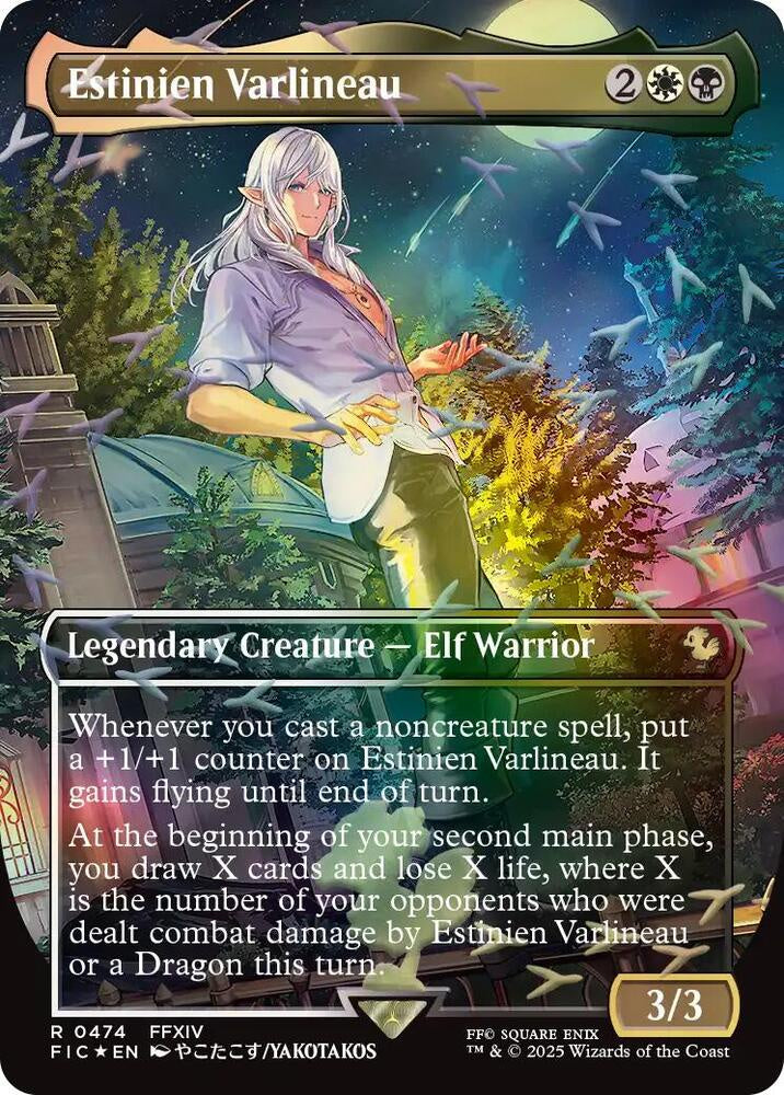 Card featuring Estinien Varlineau, a legendary creature elf warrior with game text and artwork.