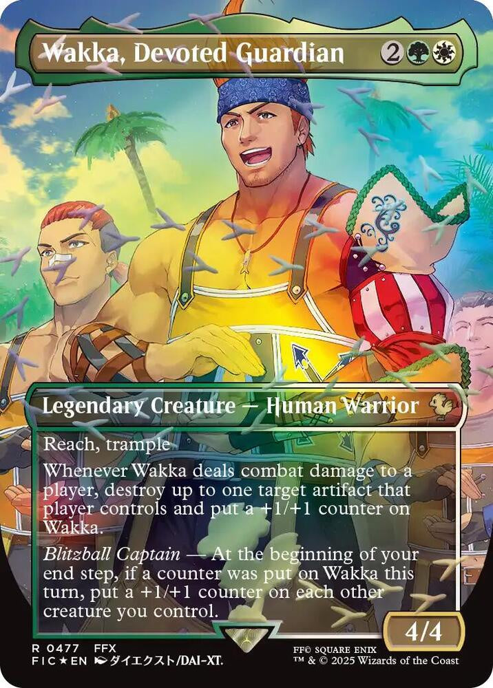 Wakka, Devoted Guardian borderless Chocobo Track Foil card from Commander: FINAL FANTASY (FIC), featuring collectible artwork and Magic: The Gathering Universes Beyond styling.