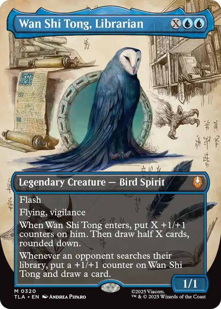 Wan Shi Tong, Librarian borderless card from Avatar: The Last Airbender, featuring detailed artwork and Magic: The Gathering Universes Beyond styling.