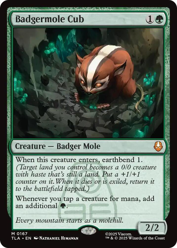 “Badgermole Cub Avatar: The Last Airbender card featuring detailed earth-toned artwork.”