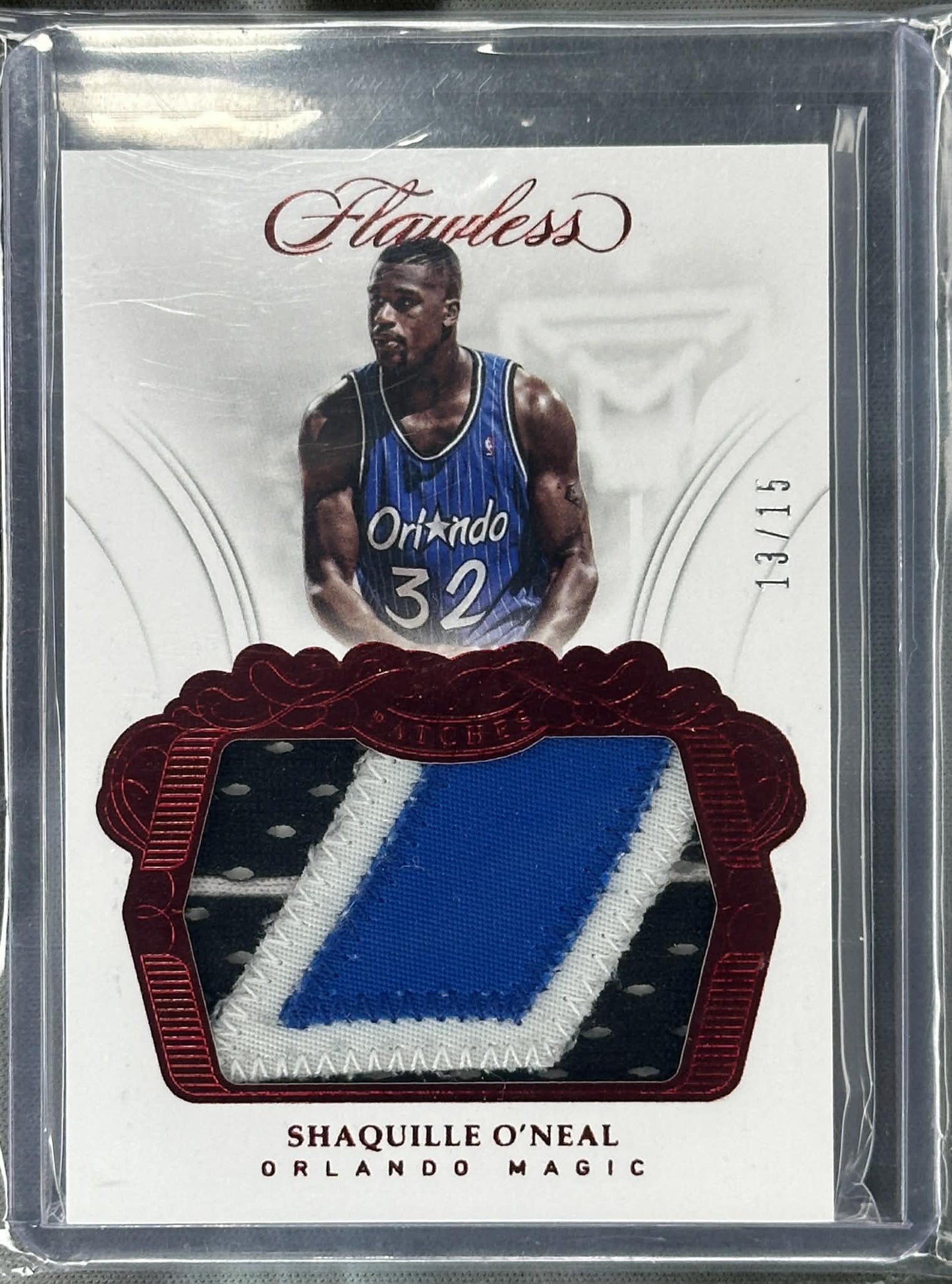 2017-18 Panini Flawless Shaquille O’Neal Premium Prime Patch serial numbered 09/15 basketball memorabilia card