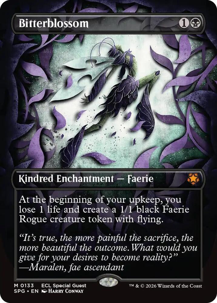 Card featuring a faerie surrounded by purple leaves with game text and artwork.