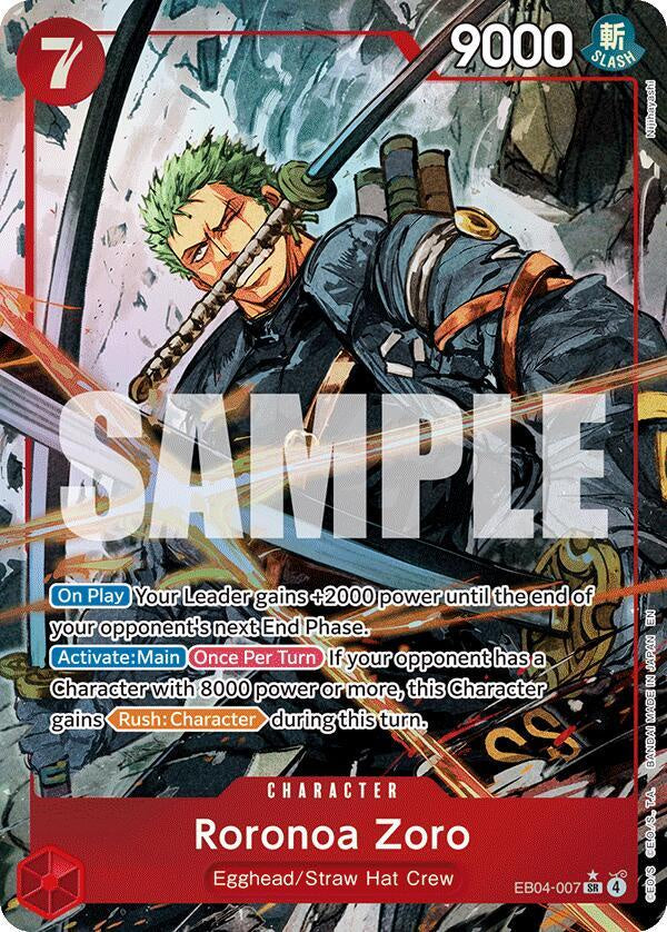 Trading card featuring Roronoa Zoro from One Piece with character details and artwork.
