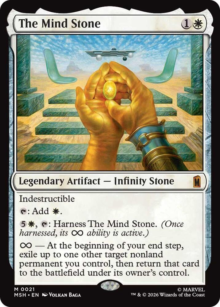 Card featuring a hand holding a 'The Mind Stone' with game text and artwork.