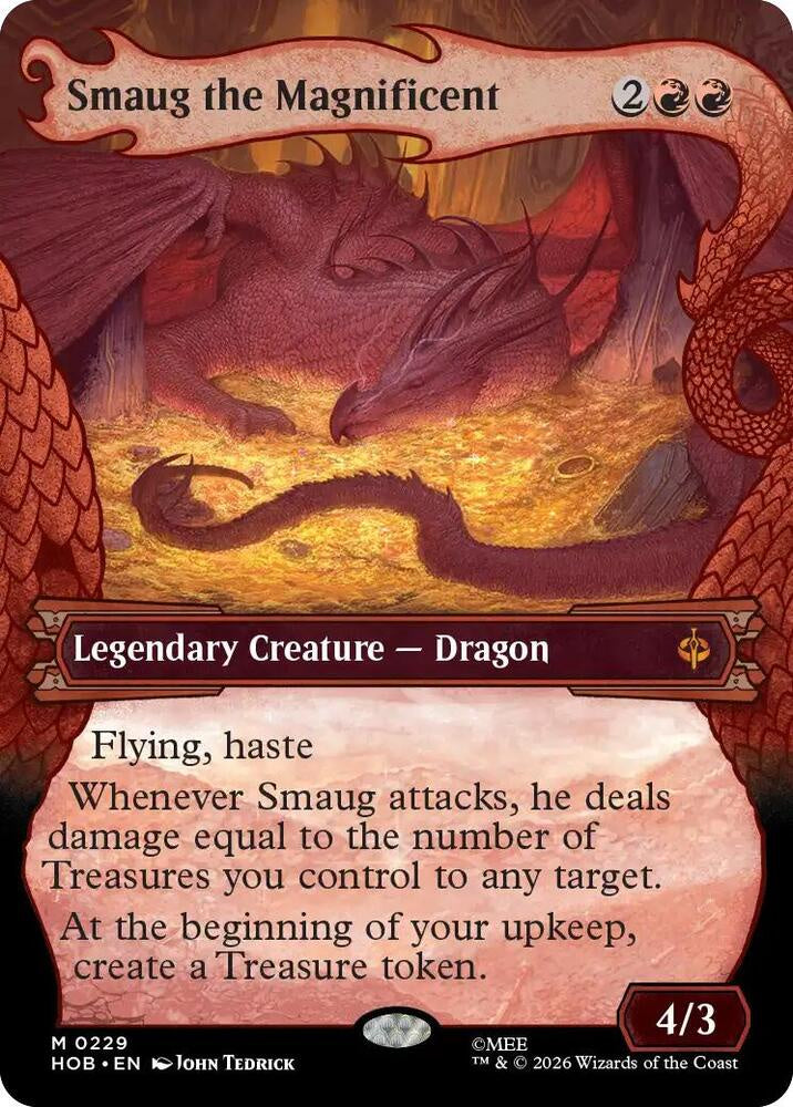 Smaug the Magnificent #229 Showcase Mythic Rare from Magic the Gathering The Hobbit HOB, Near Mint Legendary Dragon with Treasure synergy.