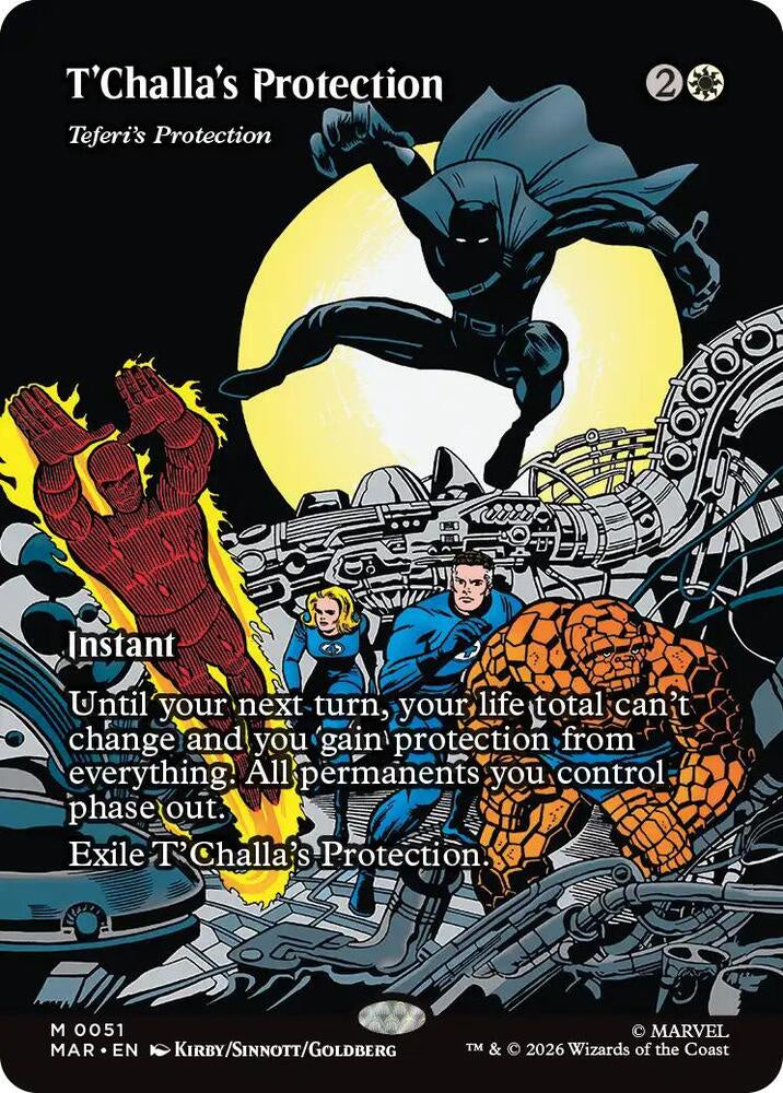 Card featuring superhero characters with text and graphics on a black background