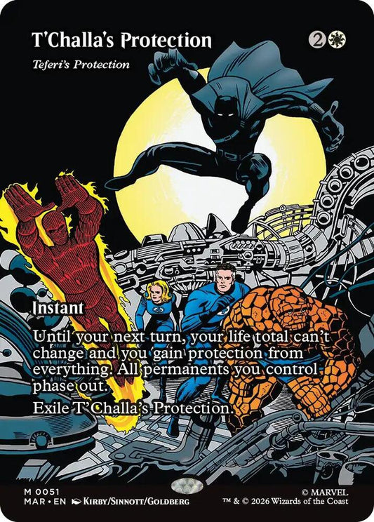 Card featuring superhero characters with text and graphics on a black background