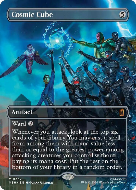 Card featuring a cosmic cube with characters and text