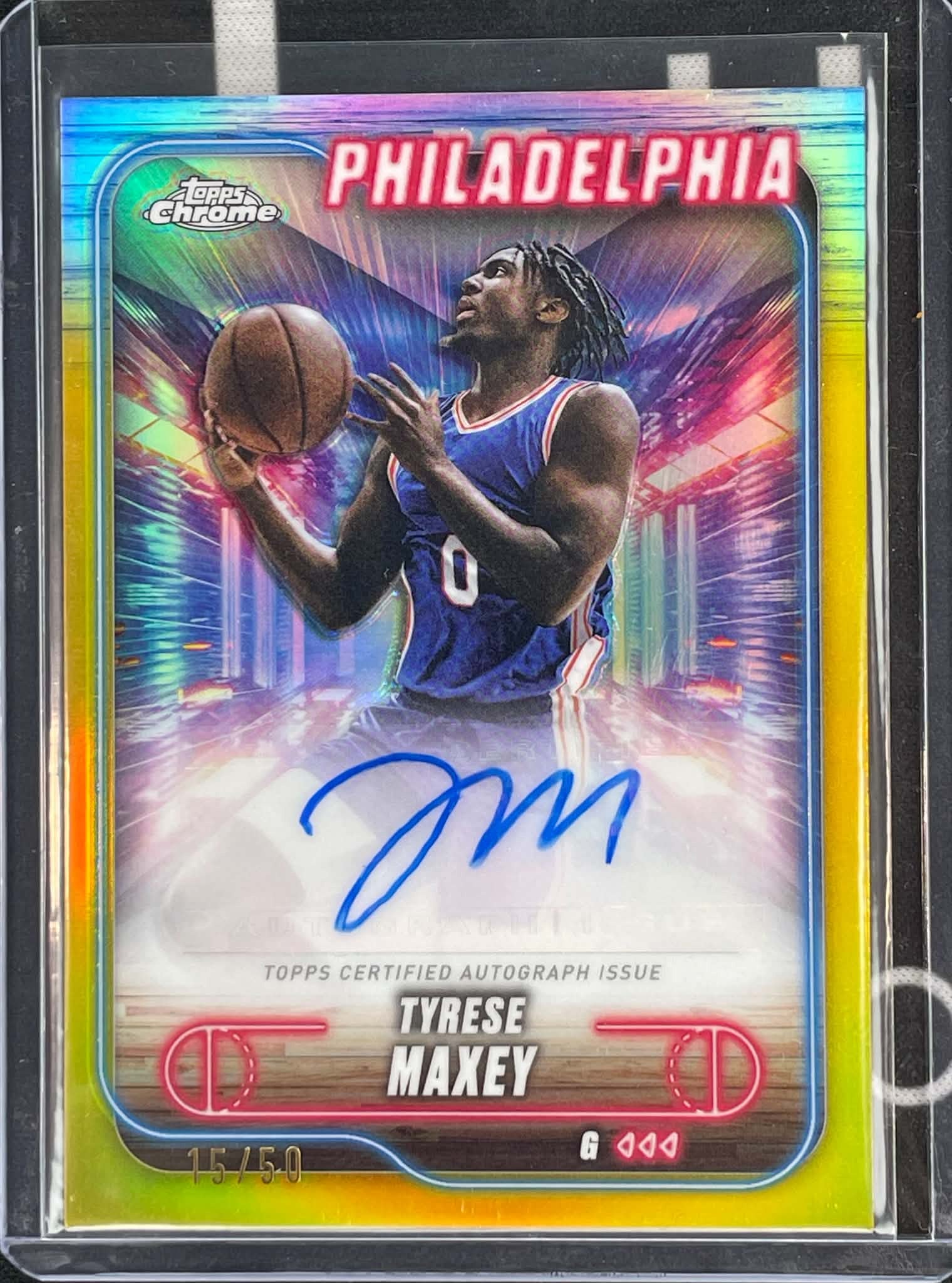 2025 Topps Chrome Tyrese Maxey Gold Refractor Autograph serial numbered to 50 basketball card