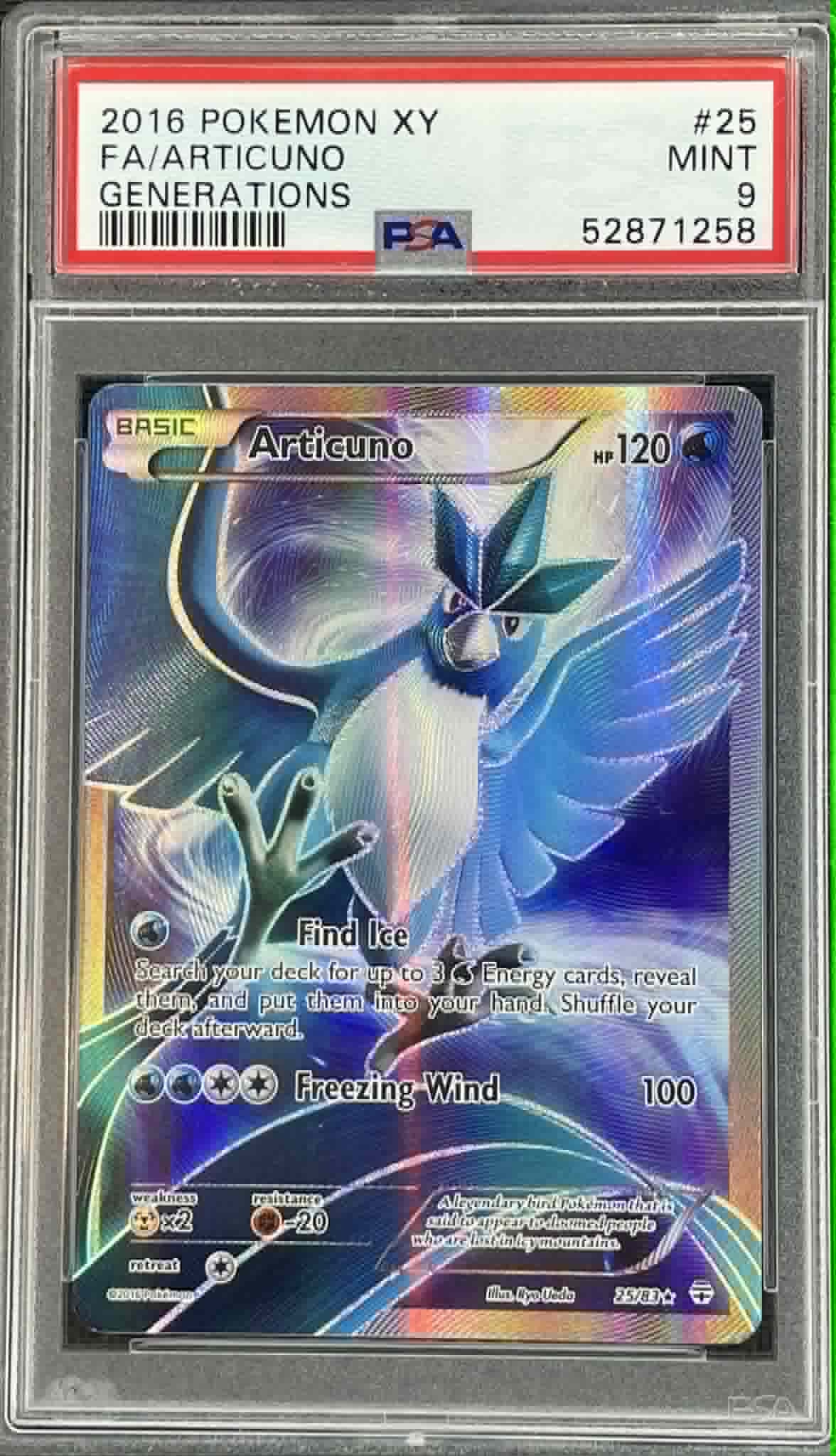 Pokémon Articuno 25/83 Generations Full Art Holo Rare PSA 9 Mint graded Pokémon trading card.