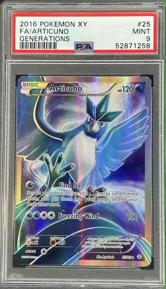 Pokémon Articuno 25/83 Generations Full Art Holo Rare PSA 9 Mint graded Pokémon trading card.