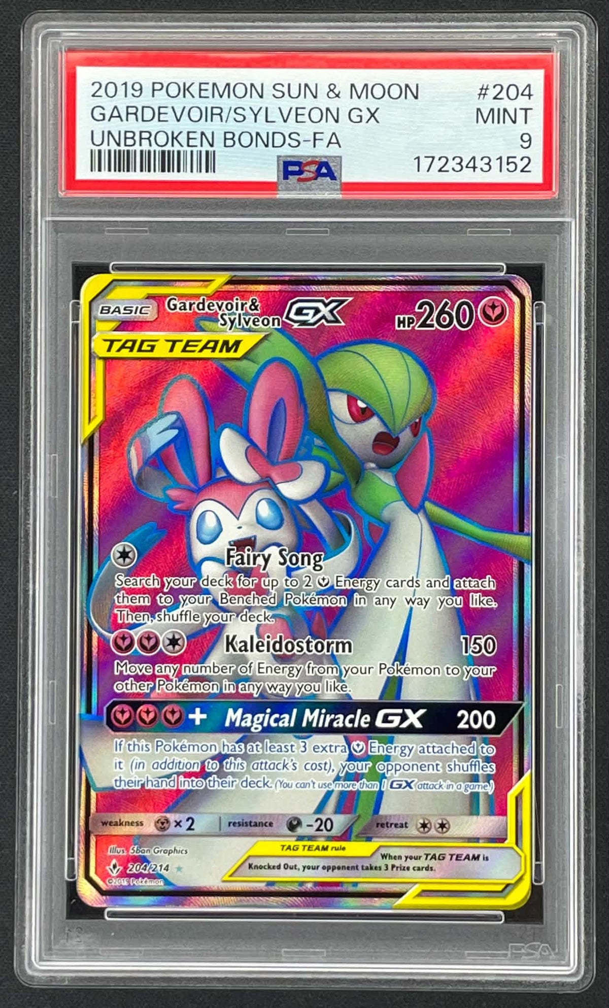 Gardevoir and Sylveon GX 204/214 Full Art Unbroken Bonds Pokémon TAG TEAM card graded PSA 9 Mint