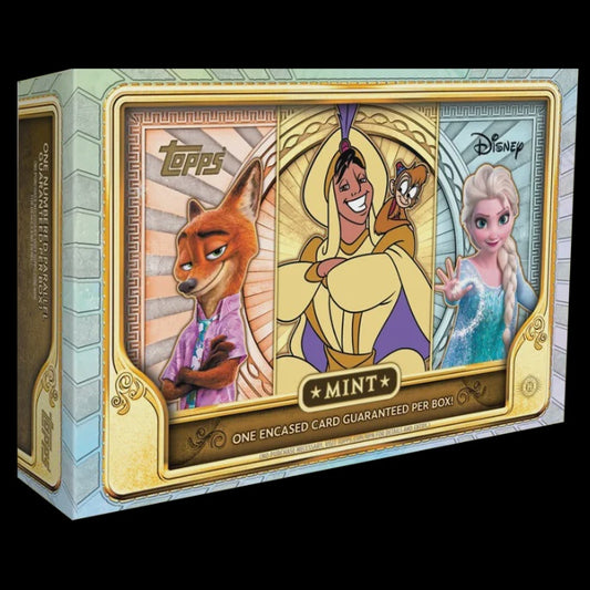 2026 Topps Disney Mint Hobby Box containing one pack of 10 plus 1 premium Disney trading cards.