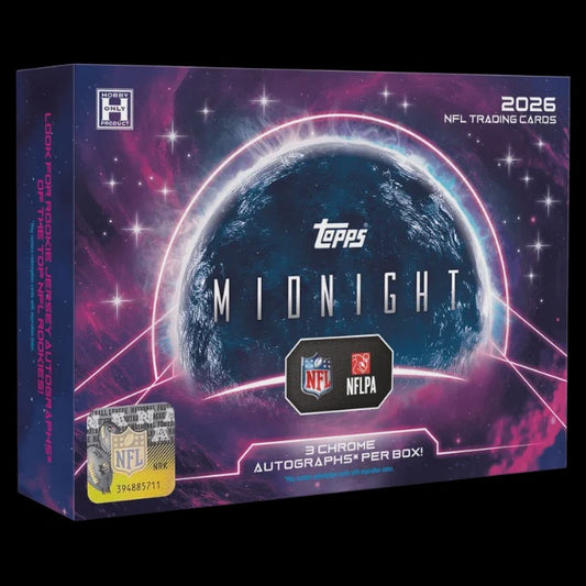 2026 Topps Midnight NFL Football Hobby Box featuring premium Chrome trading cards and three autographs per box on average.