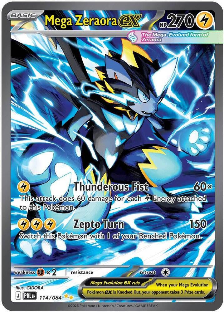 2026 Pokémon Pitch Black Mega Zeraora ex 114/084 Special Illustration Rare textured Holo card in Near Mint condition.